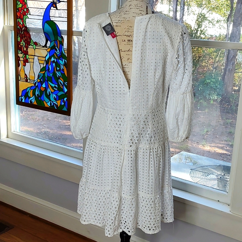 Vince Camuto Drop Waist White Eyelet Dress Lined Bodice Midi Length SZ: … - Picture 9 of 13